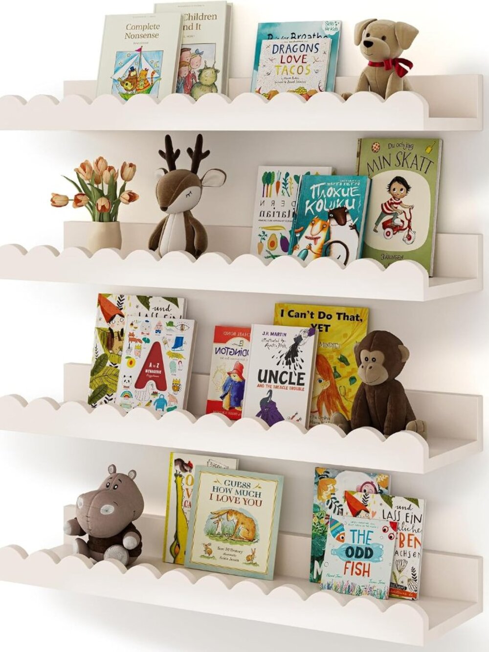 Nursery Book Shelves, 4-Pack White Floating Shelves for Wall Kids, Scalloped She